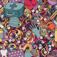 Cartoon hand-drawn medicine doodles seamless pattern.