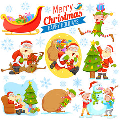 Merry Christmas Holiday design with Santa Calus, Elf and Snowman