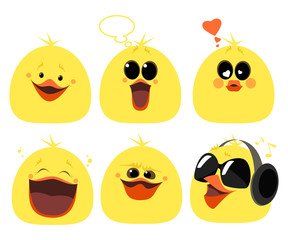 set of emotions chicken. Different characters, anger, laughter, love, music, surprise. Vector cartoon