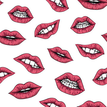 Hand drawn vector seamless pattern - Sweet lips. 