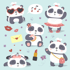 Naklejka premium vector cartoon style cute girl panda set