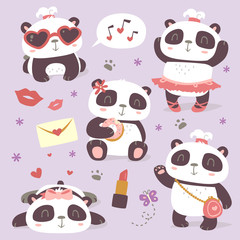 vector cartoon style cute girl panda set