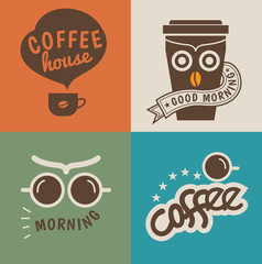 coffee house, good morning slogan and cartoon owls for t-shirt print.vector illustration