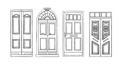 Hand drawn vector illustrations - old vintage doors. Isolated
