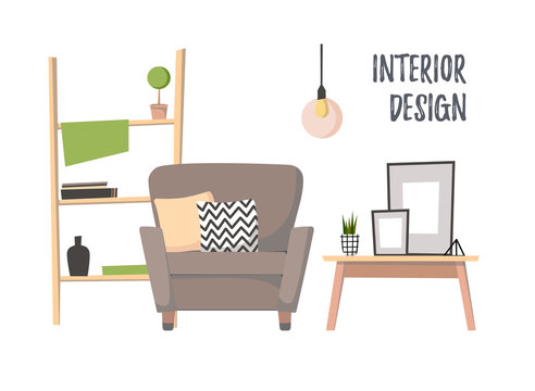 Flat vector illustration - Home interior. Cozy living room 
