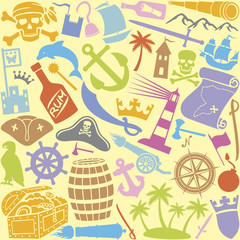 pirates icons seamless pattern (sabre, skull with bandanna and bones, hook, triangle hat, old ship, treasure chest, anchor, rudder, map, rum, island)