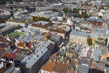 Obraz premium Lviv City from above. Central part of the old city of Lvov. Ukraine