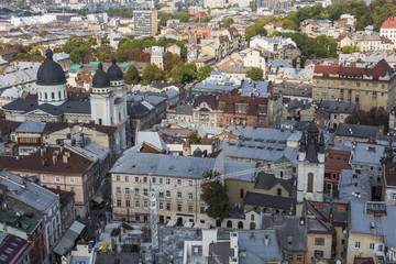 Fototapeta na wymiar Lviv City from above. Central part of the old city of Lvov. Ukraine