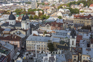 Lviv City from above. Central part of the old city of Lvov. Ukraine