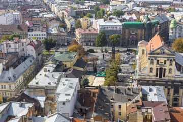 Fototapeta premium Lviv City from above. Central part of the old city of Lvov. Ukraine