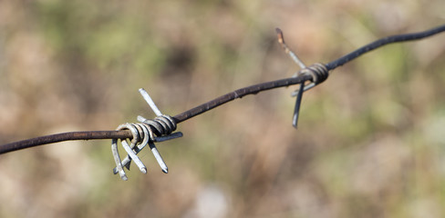 Barbed wire fence closeup with small DOF