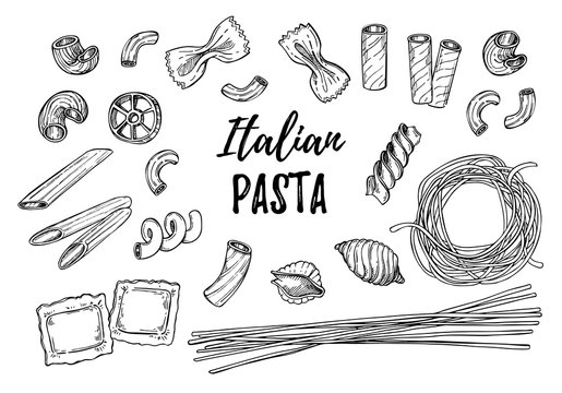 Hand drawn vector illustration - Italian pasta. Different kinds of pasta