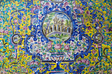 Exteriors of Golestan palace and old mosaic paintings in Teheran, Iran.