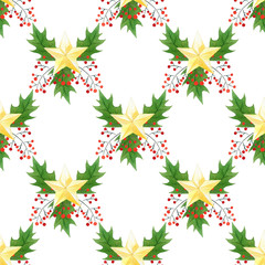 seamless watercolor Christmas pattern with holly berries,leaves,golden stars. for wrapping paper, card or textile design.