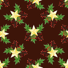 christmas seamless pattern with holly berries, leaves and golden stars on vinous background. hand draw watercolor style for textile, paper and wrapping