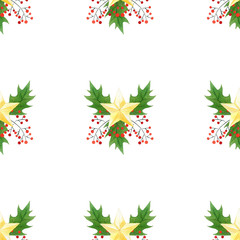 seamless background with green Christmas holly branches,berries and golden stars.original watercolor hand drawn pattern on white background.