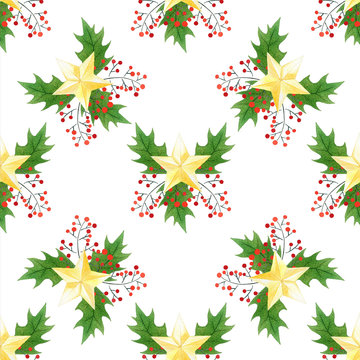 seamless watercolor Christmas print with holly berries,leaves,golden stars. for wrapping paper, card or textile design.