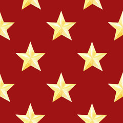 watercolor seamless pattern with golden stars on red background. christmas or new year print for wrapping paper, card or textile design.