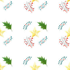 watercolor seamless pattern with hand draw Christmas and New Year elements.:golden stars,holly berries and leaves.holidays design.