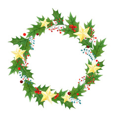 Christmas wreath or frame with holly berries, leaves and golden stars painted in watercolor on a white background. greeting card, wrapping paper.