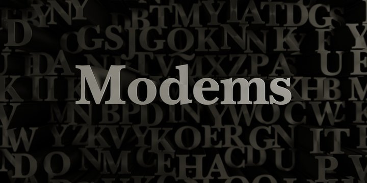 Modems - Stock image of 3D rendered metallic typeset headline illustration.  Can be used for an online banner ad or a print postcard.