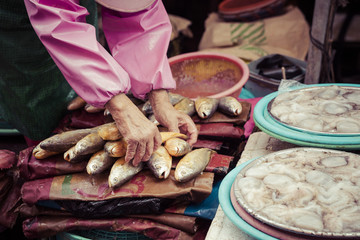 Fresh fish and seafood at Jagalchi Fish market, Busan, South Korea.