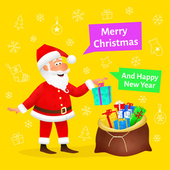 Merry Christmas card. Flat funny old man character holding Xmas gift on Christmas background. Holiday banner or poster template. New Year decoration design. Santa Claus cartoon vector illustration.