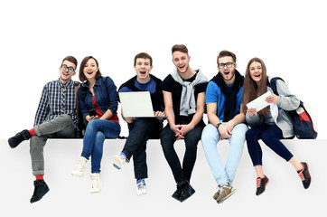 Causal group of people sitting on the floor isolated