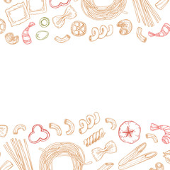 Hand drawn vector pattern - Different kinds of italian pasta. Design elements in sketch style