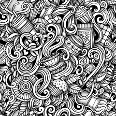Cartoon hand drawn cafe doodles seamless pattern
