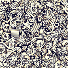 Cartoon hand drawn marine nautical doodles seamless pattern