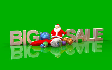 3dChristmas ornaments, big sale isolated on green background, render illustration