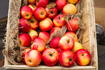 Red ripe apples in wooden box