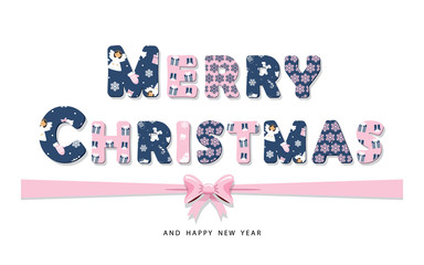 Merry Christmas lettering with paper cutout letters from different patterns. Pastel pink and dark blue contract colors.