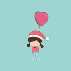 Girl with heart shaped balloon christmas character., drawing by