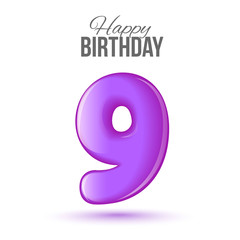 Ninth birthday greeting card template with 3d shiny number nine balloon on white background. Birthday party greeting, invitation card, banner with number 9 shaped balloon on white background