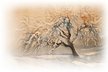 Apple tree frozen winter watercolor