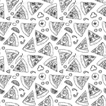 Hand drawn vector seamless pattern - pizza. Types of pizza: Pepperoni, Margherita, Hawaiian, Mushroom. Sketch style