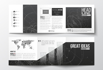 Vector set of tri-fold brochures, square design templates. Molecular construction with connected lines and dots, scientific pattern on black background.