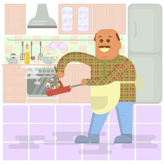 Fat bald man with frying pan in hand cooking . Isolated on kitchen interior background.  Vector flat design illustration. Square layout.