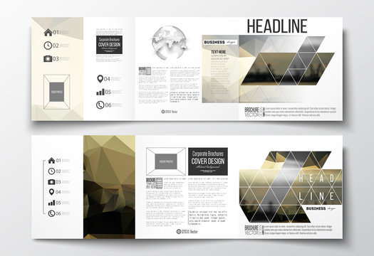 Set of tri-fold brochures, square design templates. Colorful polygonal background with blurred image, seaport landscape, modern stylish triangular vector texture.