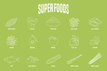 Selection of superfoods products, berries, green in vector