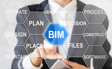 Businesswoman presses bim hexagon button on virtual screen. Businessman touching icon building informatiion modelling on touch screen. business, concept, technology, internet.