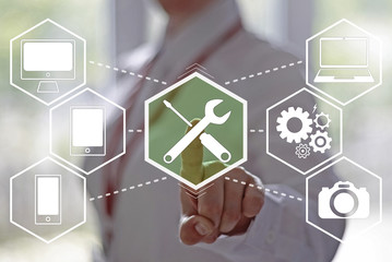 Business, technology, internet and networking concept - businesswoman pressing technical support...