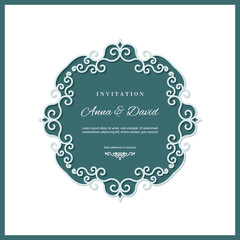 Wedding invitation card template with laser cutting filigree frame. Emerald and white contrast colors.