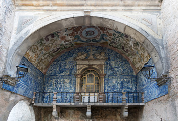 Balcony with blue tiles in Obidos Portugal