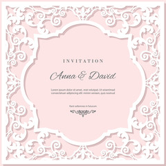 Wedding invitation card template with laser cutting frame. Pastel pink and white colors.