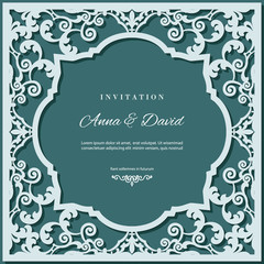 Wedding invitation card template with laser cutting filigree frame. Emerald and light blue contrast colors.
