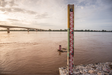 Water level indicator in Khong river Nongkhai Province Thailand. Near Thailand - Laos friendship...
