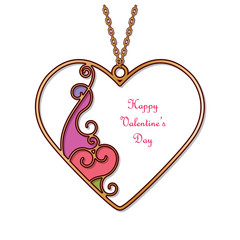 Gold pendant in the shape of heart with abstract enamel decor. Valentine's day template with place for text.